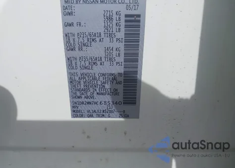 2017 Nissan Pathfinder Sv z USA, uszkodzony, nr VIN 5N1DR2MN7HC685340